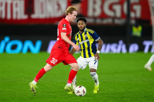 251211 Markus Haaland of Brann during the UEFA Europa League football match between Brann and Fenerbache on December 11, 2025 in Bergen. Photo: Marius Simensen BILDBYRAN COP 238 MM0053 bbeng fotboll football soccer fotball uefa europa league brann fenerbache Copyright: MARIUSxSIMENSEN BB251211ZE037