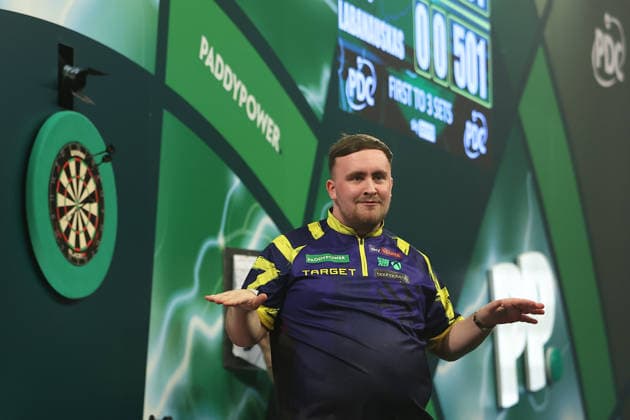 11th December 2025, Alexandra Palace, London, England; 2025 PDC Paddy Power World Darts Championship Day One; Luke Littler celebrates winning a set against Darius Labanauskas  KatiexChan