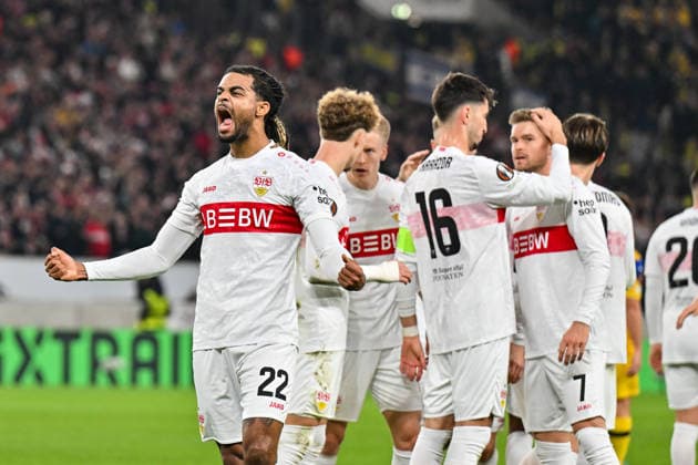 Europa League; VfB Stuttgart - Maccabi Tel Aviv; 11.12.2025 StUTTGART, GERMANY - 11. DECEMBER: Jubel der Hausherren nach dem Treffer zum 1-0 durch Lorenz ASSIGNON (VfB Stuttgart 22) Tor Torschuetze Freude Happy während dem Match zwischen dem VfB Stuttgart und Maccabi Tel Aviv am 6. Spieltag der UEFA Europa League Ligaphase in der MHP Arena
