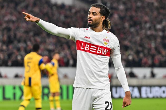 Europa League; VfB Stuttgart - Maccabi Tel Aviv; 11.12.2025 StUTTGART, GERMANY - 11. DECEMBER: Jubel der Hausherren nach dem Treffer zum 1-0 durch Lorenz ASSIGNON (VfB Stuttgart 22) Tor Torschuetze Freude Happy während dem Match zwischen dem VfB Stuttgart und Maccabi Tel Aviv am 6. Spieltag der UEFA Europa League Ligaphase in der MHP Arena