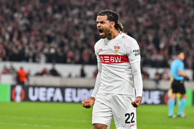 Europa League; VfB Stuttgart - Maccabi Tel Aviv; 11.12.2025 StUTTGART, GERMANY - 11. DECEMBER: Jubel der Hausherren nach dem Treffer zum 1-0 durch Lorenz ASSIGNON (VfB Stuttgart 22) Tor Torschuetze Freude Happy während dem Match zwischen dem VfB Stuttgart und Maccabi Tel Aviv am 6. Spieltag der UEFA Europa League Ligaphase in der MHP Arena