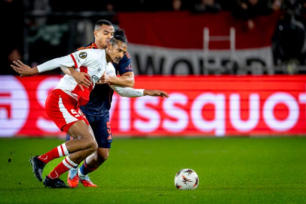 FC Utrecht forwarder Sebastien Haller, Nottingham Forest FC defender Murillo during the match FC Utrecht vs Nottingham Forest FC at the Stadium de Galgenwaard for the Europa League - League phase - Matchday 6 season 2025-2026 in UTRECHT, Netherlands on 11 december 2025, (photo by Marcel van Dorst EYE4images DeFodi Images)