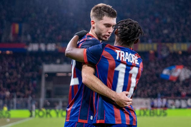 11 12 2025, Basel, St. Jakob-Park, Europa League: FC Basel - Aston Villa, 11 Benie Traore (Basel) 22 Leo Leroy (Basel) after scoring Basel St. Jakob-Park Basel Switzerland Copyright: xJustPictures.ch PascalxvonxBürenx jp-en-PaVoB-_VB_6419-1