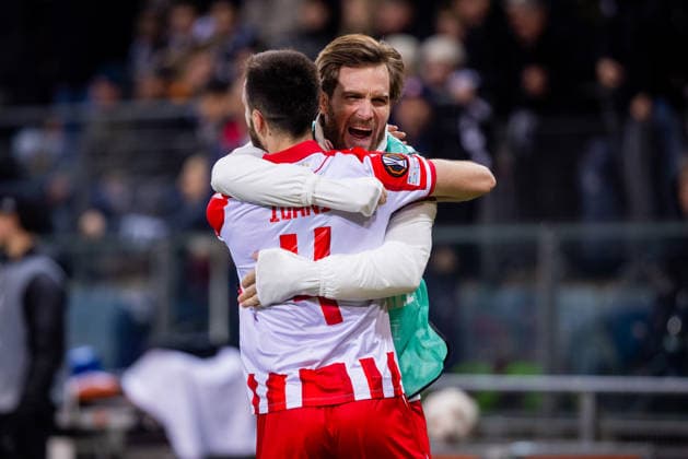 STURM GRAZ - CRVENA ZVEZDA Mirko Ivanic, Aleksandar Katai of Crvena Zvezda celebrate a goal during the league phase of UEFA Europa league football match between SK Sturm Graz and FK Crvena Zvezda Belgrade. Graz, Austria, December 11, 2025. Photo by Branislav Racko Copyright: xx 080A3983