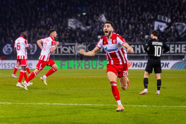 STURM GRAZ - CRVENA ZVEZDA Nayair Tiknizyan of Crvena Zvezda celebrates after during the league phase of UEFA Europa league football match between SK Sturm Graz and FK Crvena Zvezda Belgrade. Graz, Austria, December 11, 2025. Photo by Branislav Racko Copyright: xx 080A4607
