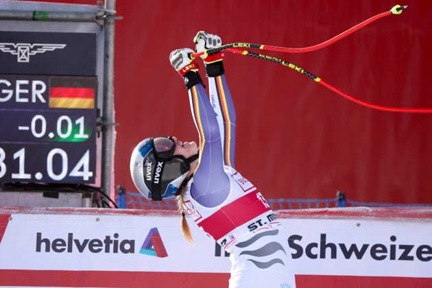 ALPINE SKIING - FIS WC St. Moritz SANKT MORITZ,SWITZERLAND,12.DEC.25 - ALPINE SKIING - FIS World Cup, downhill, ladies. Image shows the rejoicing of Emma Aicher (GER).  GEPAxpictures xMatthiasxHauer
