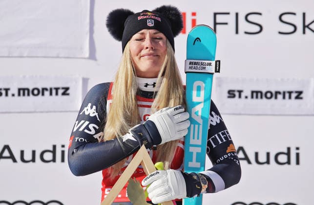 ALPINE SKIING - FIS WC St. Moritz SANKT MORITZ,SWITZERLAND,12.DEC.25 - ALPINE SKIING - FIS World Cup, downhill, ladies. Image shows Lindsey Vonn (USA). Keywords: award ceremony, trophy.  GEPAxpictures xMatthiasxHauer