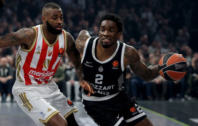 Partizan v Crvena Zvezda, Euroleague basketball, season 2025 2026, round 15 Belgrade, Serbia. 12th Dec, 2025. Partizan s Shake Milton (R) vies with Crvena Zvezda s Codi Miller-McIntyre (L) during Euroleague basketball match between Partizan and Crvena Zvezda (Red Star) on December 12. 2025. in Belgrade, Serbia. Belgrade Serbia Copyright: xPedjaxMilosavljevic STARSPORTx