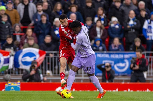 Football - FA Premier League - Liverpool FC v Brighton & Hove Albion FC LIVERPOOL, ENGLAND - Saturday, December 13, 2025: Liverpool s Hugo Ekitike (L) is challenged by Brighton & Hove Albion s Carlos Baleba during the FA Premier League match between Liverpool FC and Brighton & Hove Albion FC at Anfield. (Photo by David Rawcliffe Propaganda) LIVERPOOL Anfield MERSEYSIDE ENGLAND  Copyright: xDavidxRawcliffex P2025-12-13-Liverpool_Brighton-39