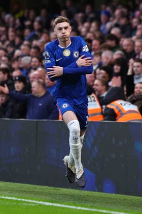 London, England, 13th December 2025. Cole Palmer of Chelsea celebrates after scoring the opening goal during the Chelsea vs Everton Premier League match at Stamford Bridge, London. Picture credit should read: Paul Terry Sportimage EDITORIAL USE ONLY. No use with unauthorised audio, video, data, fixture lists, club league logos or live services. Online in-match use limited to 120 images, no video emulation. No use in betting, games or single club league player publications. SPI_018_PT_Chelsea_Everton SPI-4373-0018