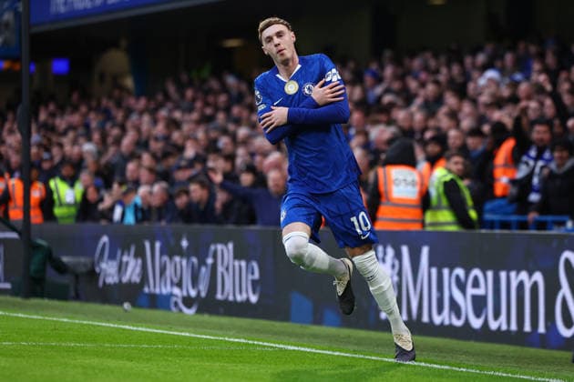 London, England, 13th December 2025. Cole Palmer of Chelsea celebrates after scoring the opening goal during the Chelsea vs Everton Premier League match at Stamford Bridge, London. Picture credit should read: Paul Terry Sportimage EDITORIAL USE ONLY. No use with unauthorised audio, video, data, fixture lists, club league logos or live services. Online in-match use limited to 120 images, no video emulation. No use in betting, games or single club league player publications. SPI_019_PT_Chelsea_Everton SPI-4373-0019