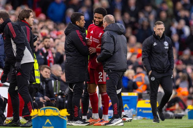 Football - FA Premier League - Liverpool FC v Brighton & Hove Albion FC LIVERPOOL, ENGLAND - Saturday, December 13, 2025: Liverpool s Joe Gomez (middle) speaks to assistant coach Giovanni van Bronckhorst (L) and first assistant coach Sipke Hulshoff to (R) after been substituted off during the FA Premier League match between Liverpool FC and Brighton & Hove Albion FC at Anfield. (Photo by David Rawcliffe Propaganda) LIVERPOOL Anfield MERSEYSIDE ENGLAND  Copyright: xDavidxRawcliffex P2025-12-13-Liverpool_Brighton-48