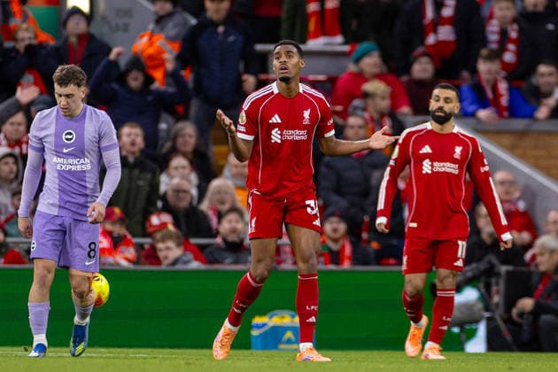 Football - FA Premier League - Liverpool FC v Brighton & Hove Albion FC LIVERPOOL, ENGLAND - Saturday, December 13, 2025: Liverpool s Ryan Gravenberch reacts to referee Craig Pawson awarding a free kick to Brighton & Hove Albion during the FA Premier League match between Liverpool FC and Brighton & Hove Albion FC at Anfield. (Photo by David Rawcliffe Propaganda) LIVERPOOL Anfield MERSEYSIDE ENGLAND  Copyright: xDavidxRawcliffex P2025-12-13-Liverpool_Brighton-57