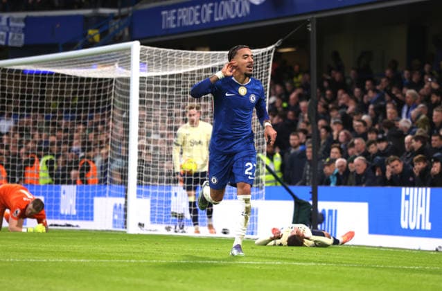 Malo Gusto (C) scoring the second Chelsea goal (2-0) at the Chelsea v Everton EPL match, at Stamford Bridge, London, UK on 13th December, 2025. 
