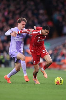 Football - Premier League - Liverpool v Brighton & Hove Albion 13th December 2025 - Premier League - Liverpool v Brighton & Hove Albion - Hugo Ekitike of Liverpool battles with Mats Wieffer of Brighton & Hove Albion - Photo: Simon Stacpoole Offside. Liverpool UK Copyright: xSimonxStacpoolexOffside