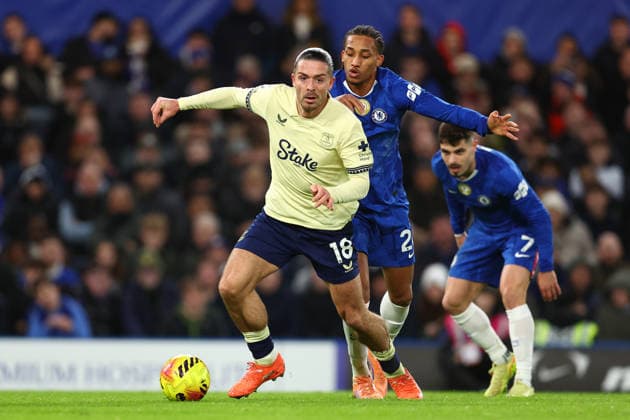 London, England, 13th December 2025. Jack Grealish of Everton and Joao Pedro of Chelsea challenge for the ball during the Chelsea vs Everton Premier League match at Stamford Bridge, London. Picture credit should read: Paul Terry Sportimage EDITORIAL USE ONLY. No use with unauthorised audio, video, data, fixture lists, club league logos or live services. Online in-match use limited to 120 images, no video emulation. No use in betting, games or single club league player publications. SPI_043_PT_Chelsea_Everton SPI-4373-0043