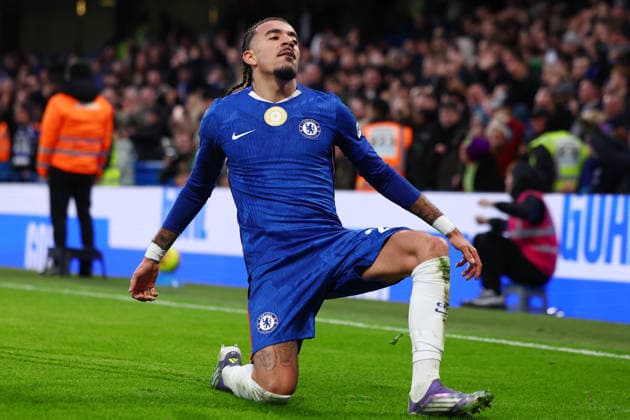 London, England, 13th December 2025. Malo Gusto of Chelsea celebrates after scoring to make it 2-0 during the Chelsea vs Everton Premier League match at Stamford Bridge, London. Picture credit should read: Paul Terry Sportimage EDITORIAL USE ONLY. No use with unauthorised audio, video, data, fixture lists, club league logos or live services. Online in-match use limited to 120 images, no video emulation. No use in betting, games or single club league player publications. SPI_044_PT_Chelsea_Everton SPI-4373-0044