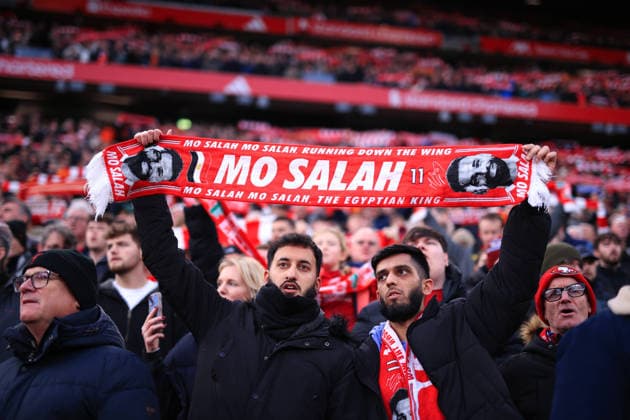 Football - Premier League - Liverpool v Brighton & Hove Albion 13th December 2025 - Premier League - Liverpool v Brighton & Hove Albion - Liverpool fans hold up a scarf in support of Mohamed Salah of Liverpool - Photo: Simon Stacpoole Offside. Liverpool UK Copyright: xSimonxStacpoolexOffside