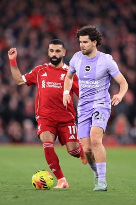 Football - Premier League - Liverpool v Brighton & Hove Albion 13th December 2025 - Premier League - Liverpool v Brighton & Hove Albion - Ferdi Kadioglu of Brighton & Hove Albion battles with Mohamed Salah of Liverpool - Photo: Simon Stacpoole Offside. Liverpool UK Copyright: xSimonxStacpoolexOffside