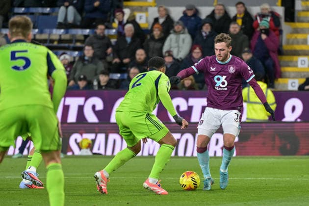 13th December 2025; Turf Moor, Burnley, Lancashire, England; Premier League Football, Burnley versus Fulham; Jacob Bruun Larsen of Burnley prepares to take on Kenny Tete of Fulham  LeexDurkin