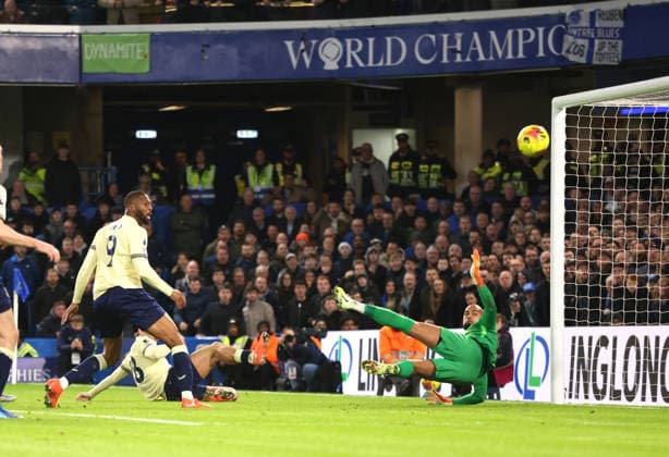 Robert Sanchez (C) makes a second-half save at the Chelsea v Everton EPL match, at Stamford Bridge, London, UK on 13th December, 2025. 