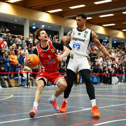 Henk Droste (9, TV Langen) und Ferenc Gille (11, BG Hessing Leitershofen) beim Spiel zwischen BG Hessing Leitershofen v TV Langen, Basketball, Herren, BARMER 2.Bundesliga ProB Süd, 2025 2026, 13.Spieltag am 13.12.2025 in Augsburg, Mehrzweckhalle Stadtbergen. Bayern Deutschland