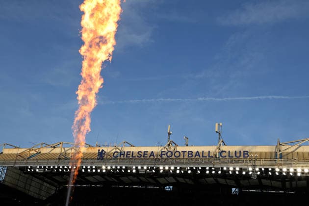 General view of a flame shooting into the air at the Chelsea v Everton EPL match, at Stamford Bridge, London, UK on 13th December, 2025. 