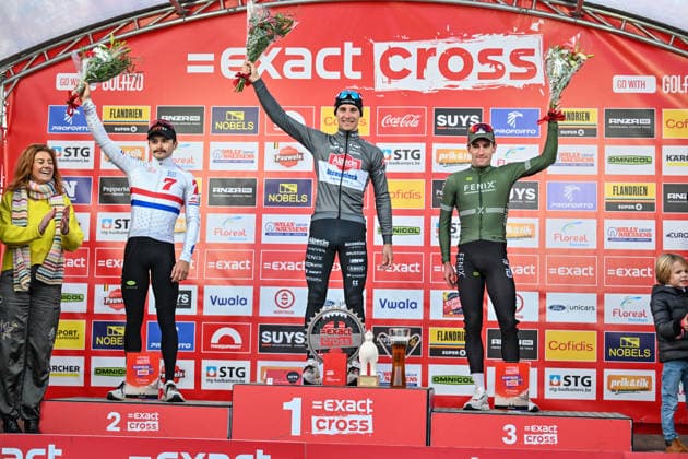 Men SUYS Leiecross Kortrijk Cameron Mason from Great Britain (Seven Racing), Niels Vandeputte from Belgium (Alpecin-Deceuninck Development Team), and Ryan Kamp from the Netherlands (Alpecin-Deceuninck Development Team) stand on the podium of the men s elite race of the SUYS Leiecross Kortrijk, stage 4 of 7 in the Exact Cross competition, in Kortrijk, Belgium, on December 13, 2025. Kortrijk Belgium  Copyright: xGautierxDemouveauxx originalFilename:demouveaux-notitle251213_npbUY.jpg