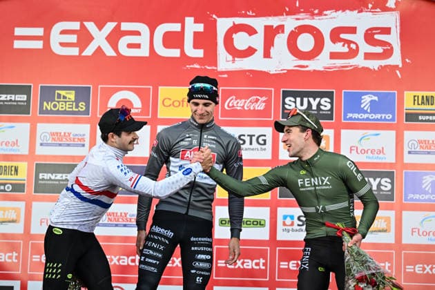 Men SUYS Leiecross Kortrijk Cameron Mason from Great Britain (Seven Racing), Niels Vandeputte from Belgium (Alpecin-Deceuninck Development Team), and Ryan Kamp from the Netherlands (Alpecin-Deceuninck Development Team) stand on the podium of the men s elite race of the SUYS Leiecross Kortrijk, stage 4 of 7 in the Exact Cross competition, in Kortrijk, Belgium, on December 13, 2025. Kortrijk Belgium  Copyright: xGautierxDemouveauxx originalFilename:demouveaux-notitle251213_npKru.jpg