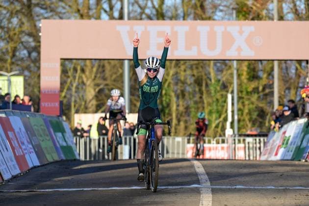 Belgian Laurine Demeulemeester celebrates as she crosses the finish line to win the woman s U17, U 17 race of the Cyclocross World Cup, in Namur, Sunday 14 December 2025, stage 4 (out of 12) in the World Cup of the 2026-2027 season. DAVIDxPINTENS  x148793372x