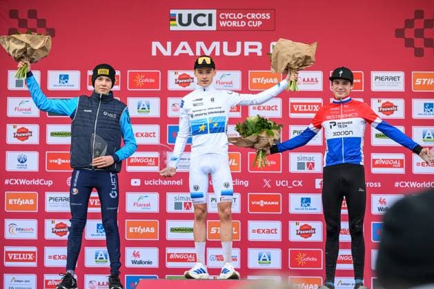 Belgian Lars Peers pictured on the podium after the men s U17, U 17 race of the Cyclocross World Cup, in Namur, Sunday 14 December 2025, stage 4 (out of 12) in the World Cup of the 2026-2027 season. DAVIDxPINTENS  x148794075x