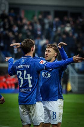2025.12.14 xjfx 2.Bundesliga SV Darmstadt 98 - SC Preussen Muenster v.l., Kilian Julian Corredor (SV Darmstadt 98), Luca Marseiler (SV Darmstadt 98) Torjubel, Goal celebration, celebrate the goal (DFL DFB REGULATIONS PROHIBIT ANY USE OF PHOTOGRAPHS as IMAGE SEQUENCES and or QUASI-VIDEO)