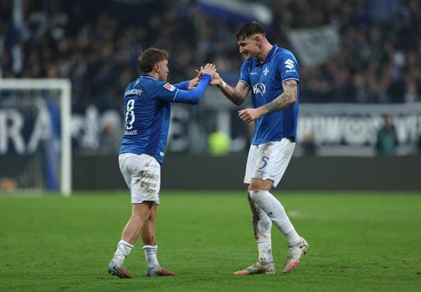 14.12.2025, Fussball 2. Bundesliga, SV Darmstadt 98 - SC Preußen Münster, emonline, emspor, despor, v.l., Luca Marseiler (SV Darmstadt 98), Matej Maglica (SV Darmstadt 98) jubelnd bejubelt jubelt jubeln DFL DFB REGULATIONS PROHIBIT ANY USE OF PHOTOGRAPHS AS IMAGE SEQUENCES AND OR QUASI-VIDEO. xdcx