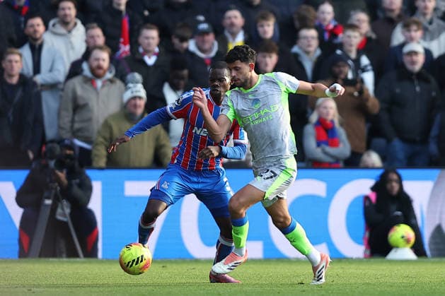 14th December 2025; Selhurst Park, Selhurst, London, England; Premier League Football, Crystal Palace versus Manchester City; Tyrick Mitchell of Crystal Palace challenges Matheus Nunes of Manchester City  KatiexChan