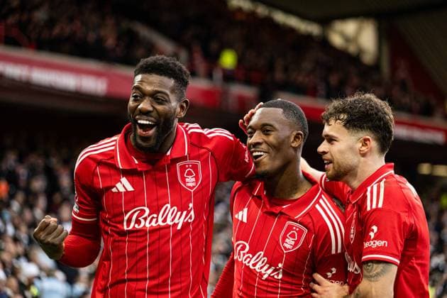 14th December 2025; The City Ground, Nottingham, England; Premier League Football, Nottingham Forest versus Tottenham Hotspur; Callum Hudson-Odoi of Nottingham Forest celebrates with Ibrahim Sangare and Neco Williams after scoring his second goal in the 50th minute to make the score 2-0  GodfreyxPitt