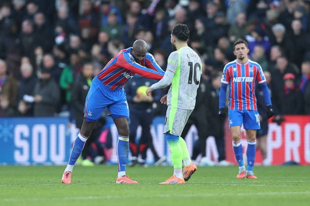 14th December 2025; Selhurst Park, Selhurst, London, England; Premier League Football, Crystal Palace versus Manchester City; Jean-Philippe Mateta of Crystal Palace pushes Rayan Cherki of Manchester City while awaiting second half kick off  KatiexChan