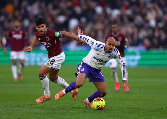 14th December 2025; London Stadium, London, England; Premier League Football, West Ham United versus Aston Villa; Donyell Malen of Aston Villa challenged by Mateus Fernandes of West Ham United  JohnxPatrickxFletcher