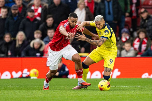 14th December 2025; The City Ground, Nottingham, England; Premier League Football, Nottingham Forest versus Tottenham Hotspur; Murillo of Nottingham Forest competes with Richarlison of Tottenham Hotspur for the ball  GodfreyxPitt