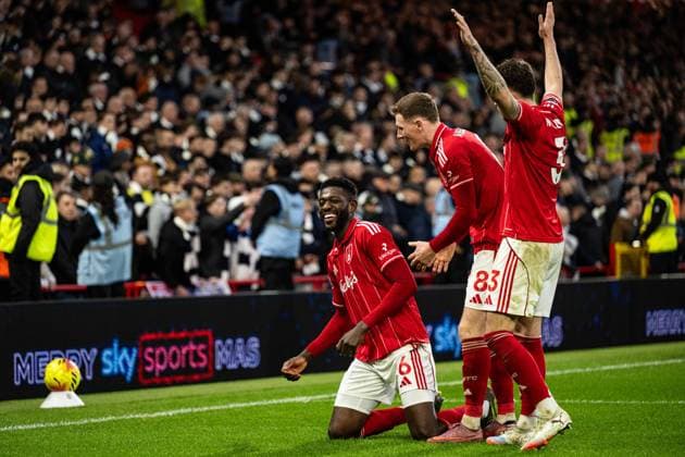 14th December 2025; The City Ground, Nottingham, England; Premier League Football, Nottingham Forest versus Tottenham Hotspur; Ibrahim Sangare of Nottingham Forest celebrates with Elliot Anderson and Neco Williams scoring in the 79th minute to make the score 3-0  GodfreyxPitt