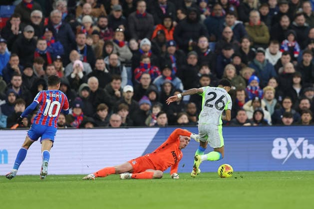 14th December 2025; Selhurst Park, Selhurst, London, England; Premier League Football, Crystal Palace versus Manchester City; goalkeeper Dean Henderson of Crystal Palace brings down Savio of Manchester City for a penalty and a yellow card  KatiexChan