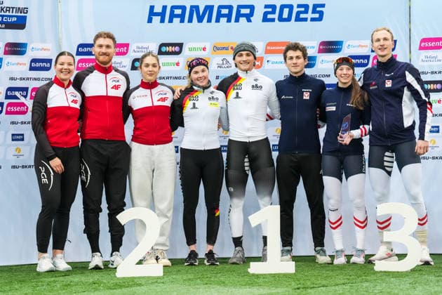 2025-12-14 - ISU World Cup Speed skating, Eisschnelllauf 4 HAMAR, NORWAY - DECEMBER 14: Natalia Jabrzyk of Poland, Marcin Bachanek of Poland, Anna Ostlender of Germany, Moritz Klein of Germany, Alexander Farthofer of Austria, Jeannine Rosner of Austria, Gabriel Odor of Austria during the ISU World Cup Speed Skating 4 at the Vikingskipet on December 14, 2025 in Hamar, Norway Hamar Vikingskipet Norway Content not available for redistribution in The Netherlands directly or indirectly through any third parties. Copyright: xDouwexBijlsmax