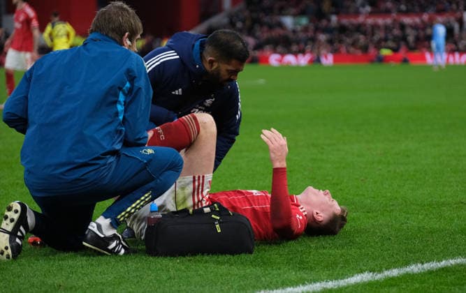 Elliot Anderson of Nottingham Forest down injured during the Premier league football match between Nottingham Forest and Tottenham Hotspur at City Ground in Nottingham. Final score; 3-0 Copyright: xPaulxBonser SportsxPressxPhotox Sportspressphoto_SPR73618