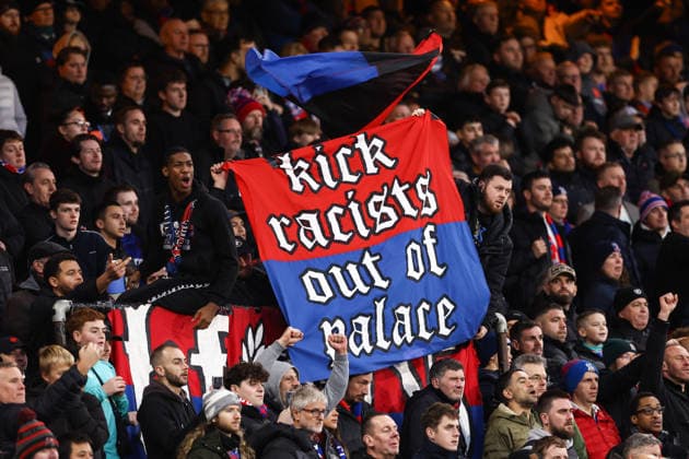 Crystal Palace v Manchester City 14 December 2025, London - Premier League Football - Crystal Palace v Manchester City - Crystal Palace fans hold up a sign saying Kick racists out of palace - Photo: Jacques Feeney Offside. London UK Copyright: xJacquesxFeeneyx xOffsidexOffside