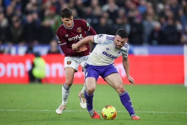 John McGinn of Aston Villa and Freddie Potts of West Ham battle for the ball West Ham United v Aston Villa, Football, Premier League, London Stadium, London, UK, 14 12 25 EDITORIAL USE ONLY No use with unauthorised audio, video, data, fixture lists (outside the EU), club league logos or live services. Online in-match use limited to 45 images (+15 in extra time). No use to emulate moving images. No use in betting, games or Copyright: xAnthonyxHanc Shutterstockx 16104760bw