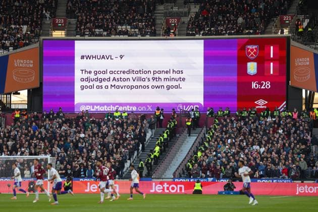 The LED screen shows the Aston Villa s first goal getting changed to an Konstantinos Mavropanos of West Ham own goal West Ham United v Aston Villa, Football, Premier League, London Stadium, London, UK, 14 12 25 EDITORIAL USE ONLY No use with unauthorised audio, video, data, fixture lists (outside the EU), club league logos or live services. Online in-match use limited to 45 images (+15 in extra time). No use to emulate moving images. No use in betting, games or Copyright: xAnthonyxHanc Shutterstockx 16104760bo