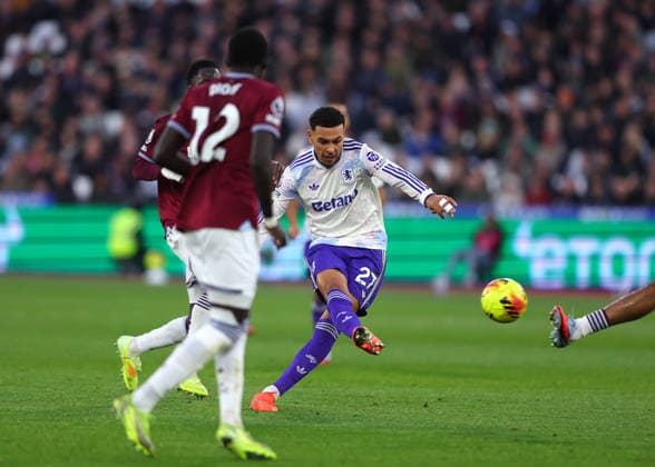 14th December 2025; London Stadium, London, England; Premier League Football, West Ham United versus Aston Villa; Morgan Rogers of Aston Villa shoots and scores his sides 3rd goal in the 79th minute to make it 2-3  JohnxPatrickxFletcher