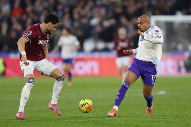Donyell Malen of Aston Villa receives pressure from Konstantinos Mavropanos of West Ham United during the Premier League match between West Ham and Aston Villa at London Stadium in London, England (Photo by Alexander Canillas Sports Press Photo) Copyright: xAlexanderxCanillas SPPx Sportspressphoto_SPR73695