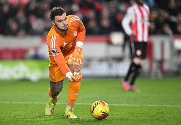 14th December 2025; Gtech Community Stadium, Brentford, London, England; Premier League Football, Brentford versus Leeds United; Lucas Perri of Leeds United rolls the ball out  SimonxWest