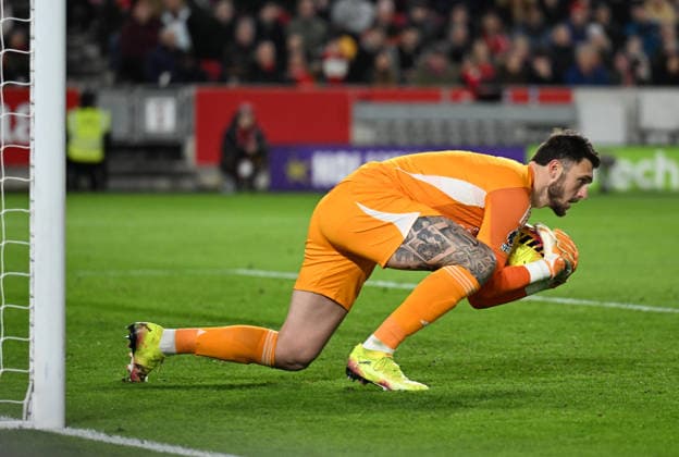 14th December 2025; Gtech Community Stadium, Brentford, London, England; Premier League Football, Brentford versus Leeds United; Lucas Perri of Leeds United saves a shot on goal  SimonxWest