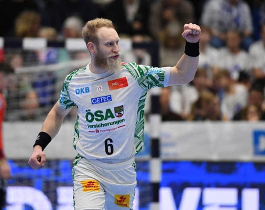 14.12.2025, xophax, Daikin HBL 2025 2026 Handball VFL Gummersbach - SC Magdeburg Schwalbe Arena Matthias Musche ( SC Magdeburg ) Jubel nach einem Tor. Gummersbach